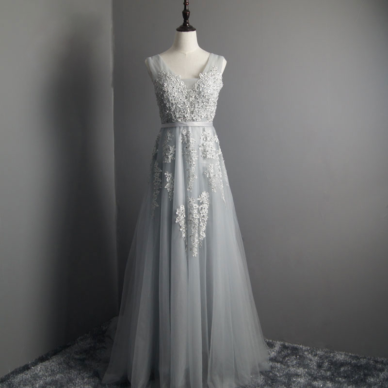 Grey Beaded Halter Backless Tulle Long Party Dress, Grey Floor Length Prom Dress