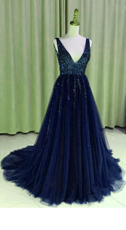 Beautiful Blue V Neck Blue Tulle, Long Prom Dresses With Sequined For ...