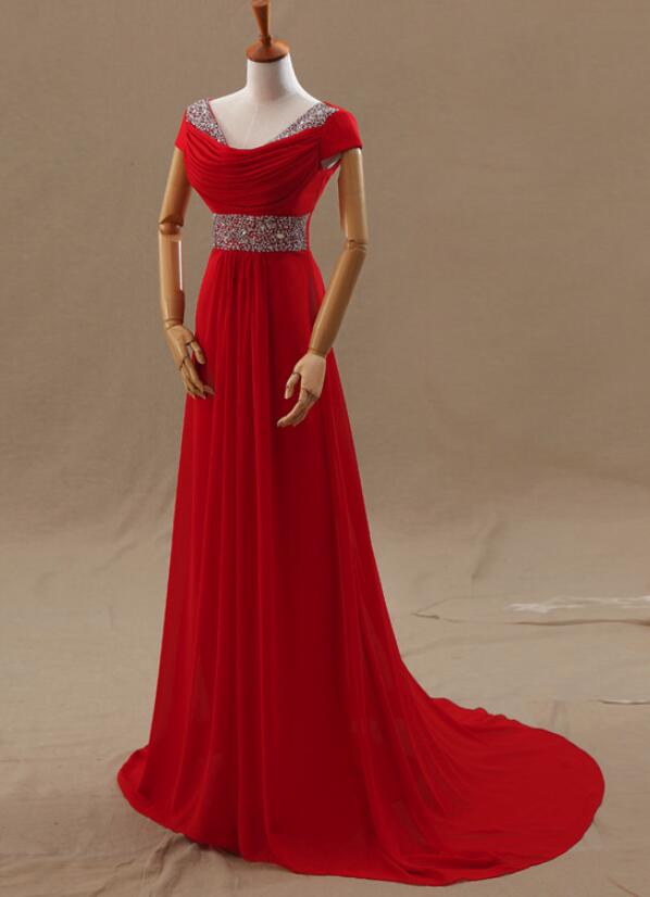 Beautiful Red Cap Sleeves Beaded Chiffon A-line Long Party Gowns, Red ...