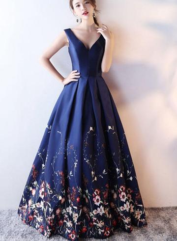 Navy Blue Floral Satin Long Party Gowns, Lace Prom Dress, Lovely Party ...