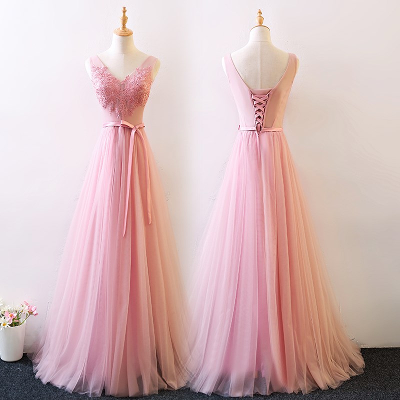 Pink V-neckline Elegant Bridesmaid Dress, Pink Formal Gown, Prom Dress ...