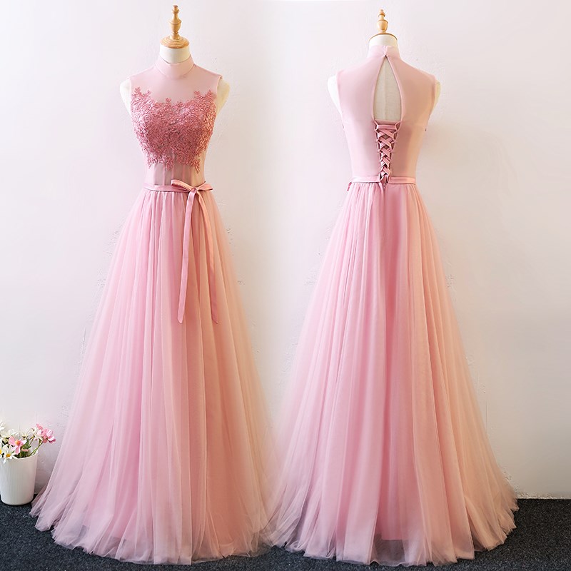 Pink Halter Tulle A-line Junior Prom Gown, Charming Party Gown, Prom ...