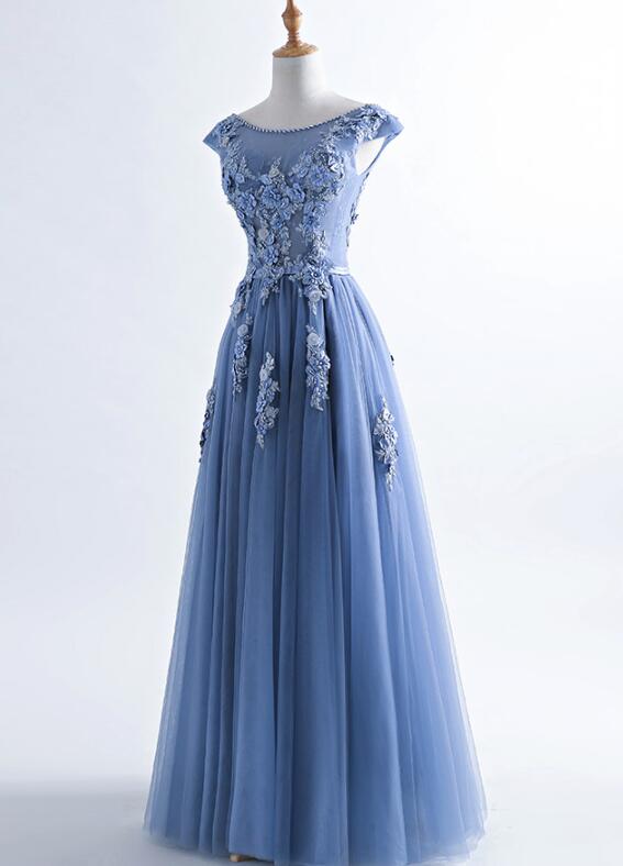 Blue Tulle Round Neckline Beaded And Applique Long Formal Gown, Prom ...