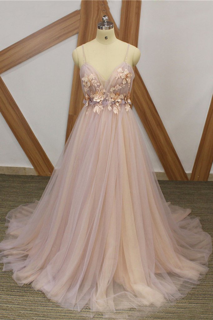 Gorgeous Pink Floral Tulle Long Straps Formal Gown, Wedding Party ...