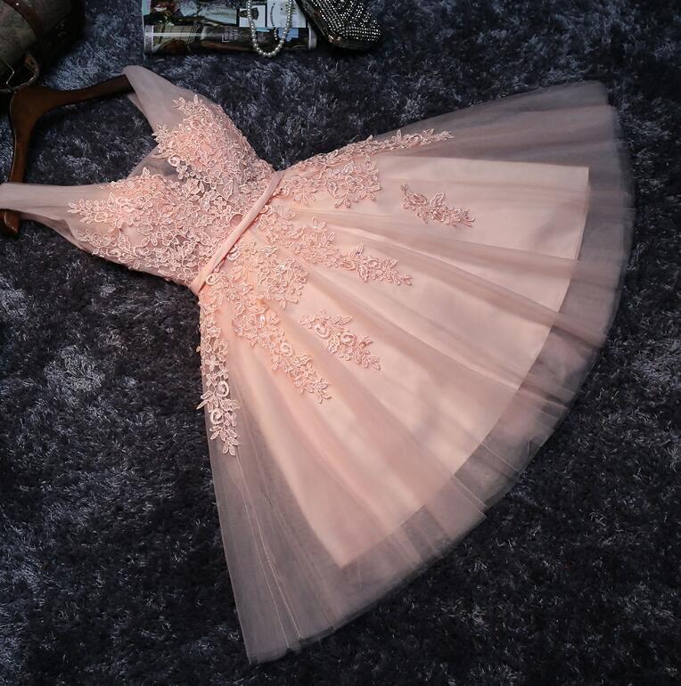 Simple V-Neck Tulle Ruched Pearl Pink Long Bridesmaid dress OB129 main image 1