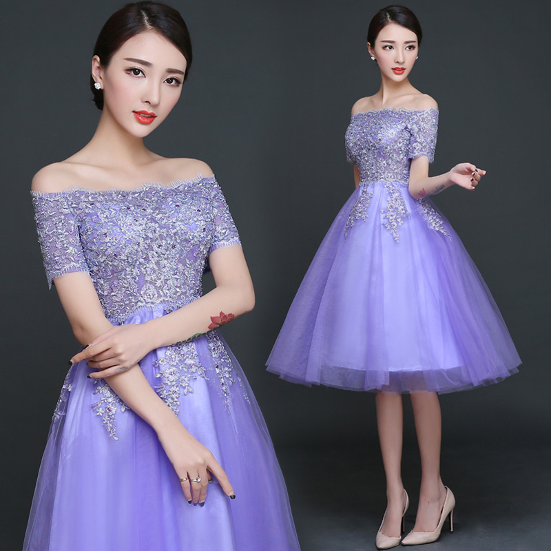 Lovely Purple Knee Length Tulle With Lace Bridesmaid Dress, Short Prom ...