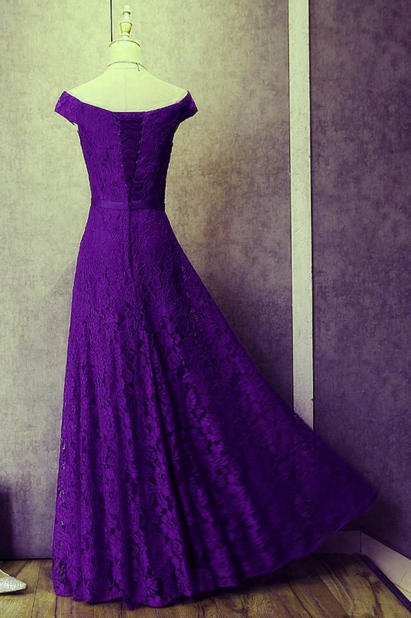 Beautiful Lace Purple Long Bridesmaid Dress, Off Shoulder Party Gown on