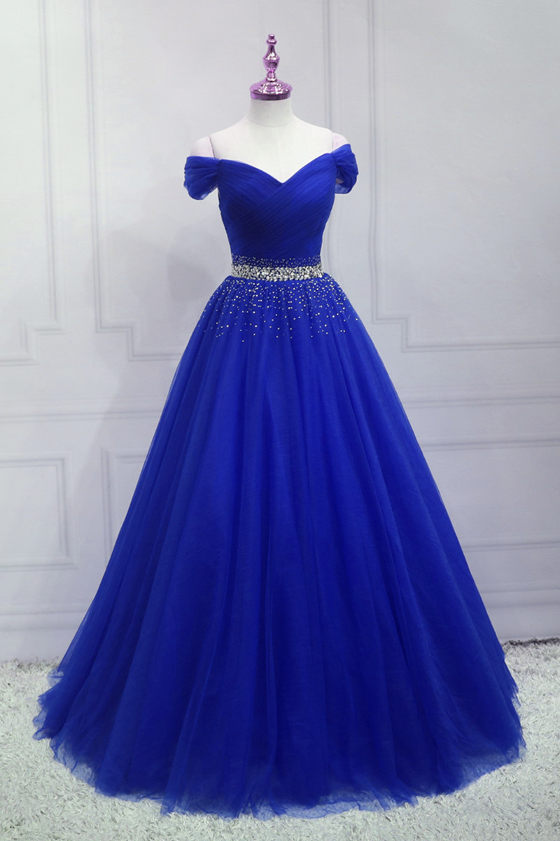 Royal Blue Beaded Long Sweetheart Party Dress, Blue Junior Prom Dress ...
