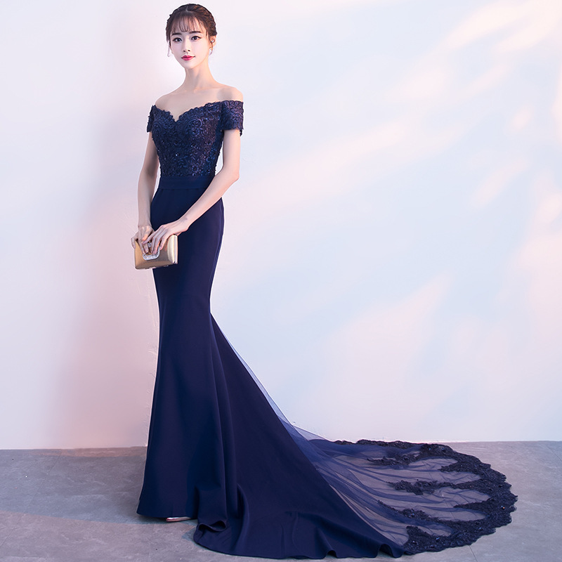 Navy Blue Spandex Mermaid Off Shoulder Prom Dress With Lace, Blue ...