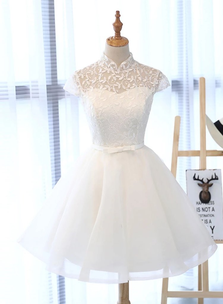 White Lace Short Cap Sleeves Prom Dress, Cute Short Formal Dress ...