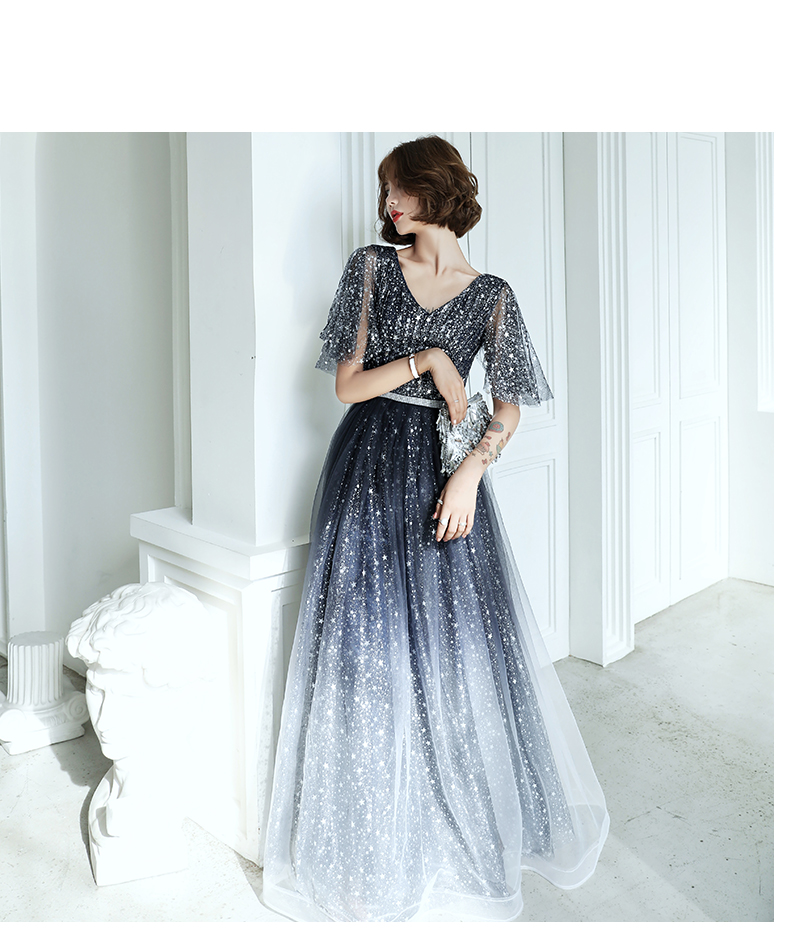 Shiny Dark Blue Tulle Puffy Sleeves Long Formal Dress, A-line Evening ...