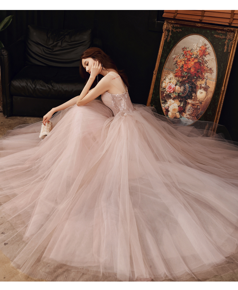 Light Pink Straps Embroidery Elegant Chiffon Long Party Dress, DP3521