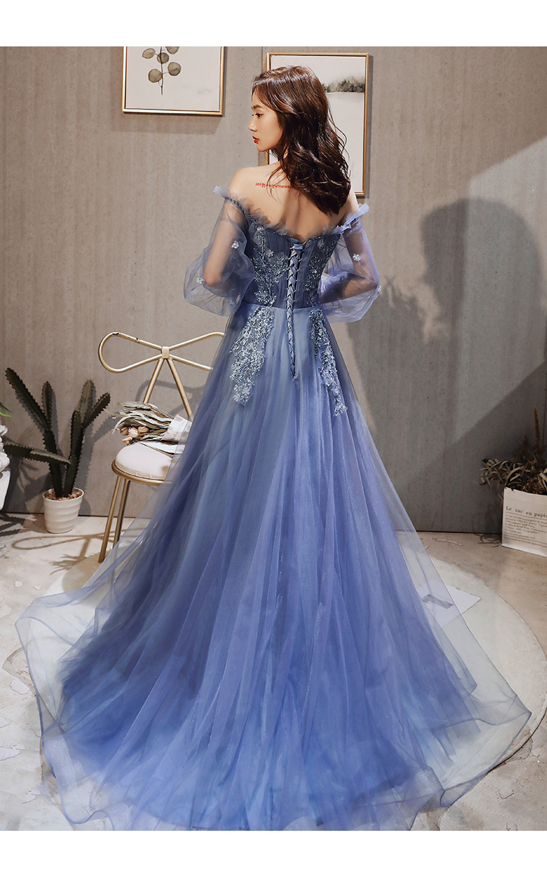 Blue Purple Tulle Long Sleeves Lace Applique Formal Gown, Blue-purple ...