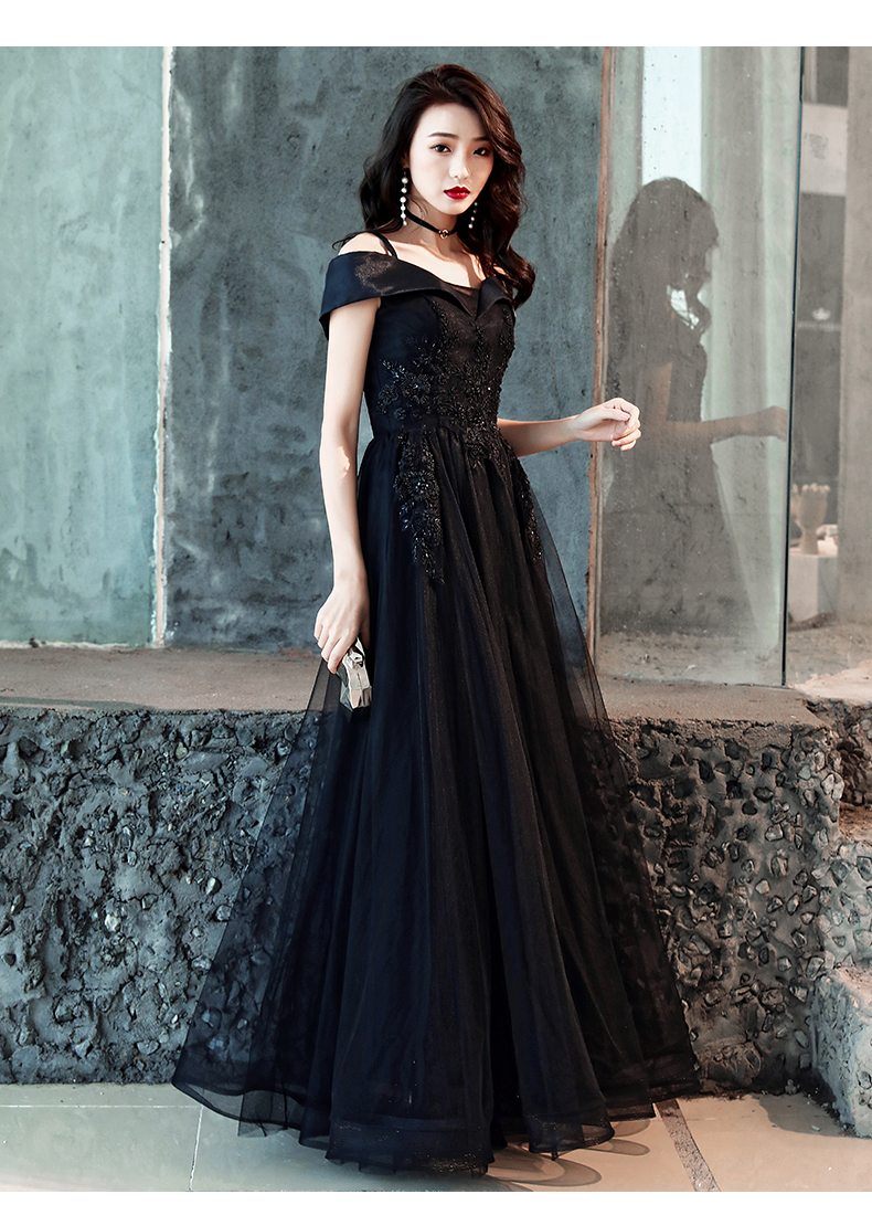 Black Off Shoulder Lace Tulle Long Prom Dress, Black Evening Dress      fg2629 main image 1