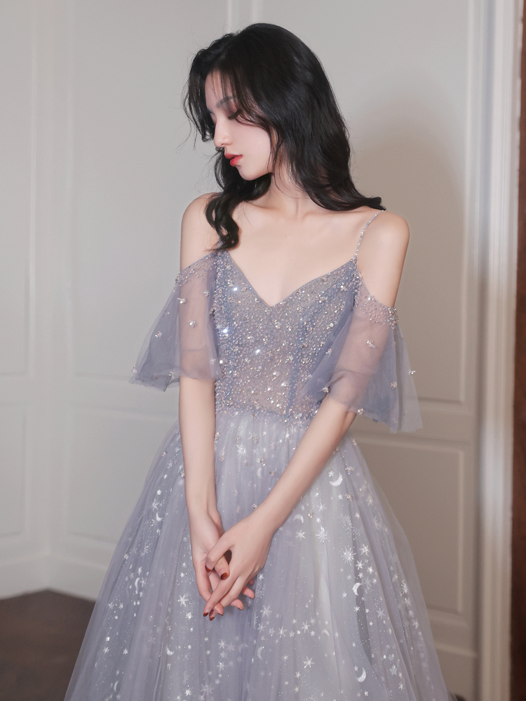Off-Shoulder Beaded Tulle Dress With Fringes