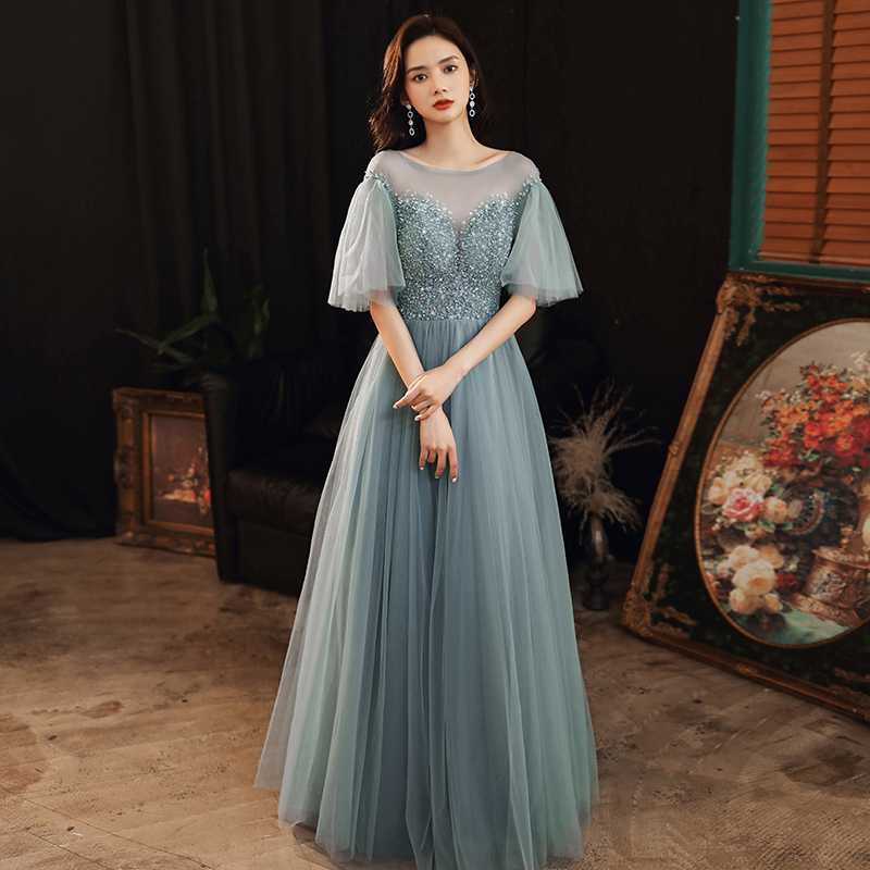 Blue Beaded Cap Sleeves Tulle Floor Length Party Dress, A-line Tulle ...