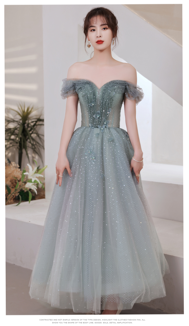 Lovely Blue Tea Length Beaded Off Shoulder Wedding Party Dress, Cute ...