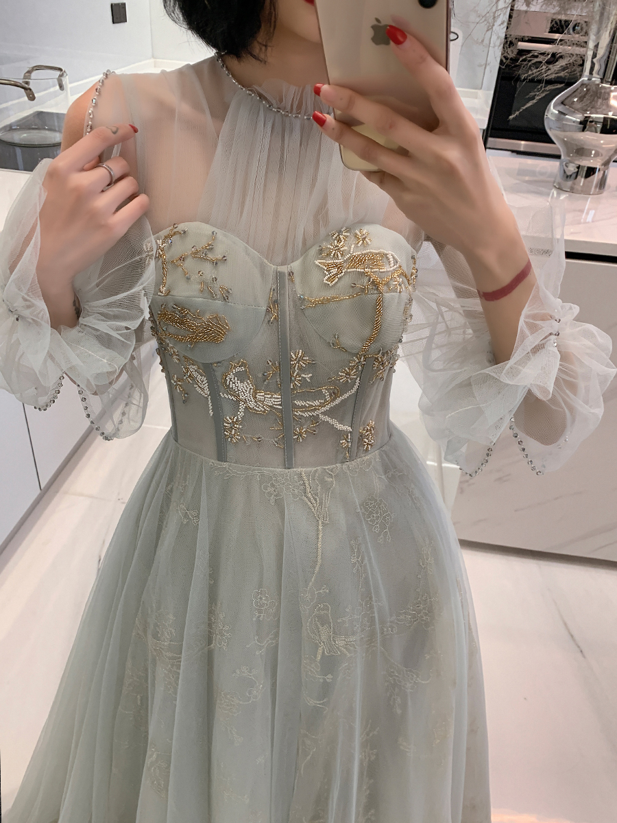 Beautiful Halter Tulle A-line Off Shoulder Floral Long Evening Dress ...