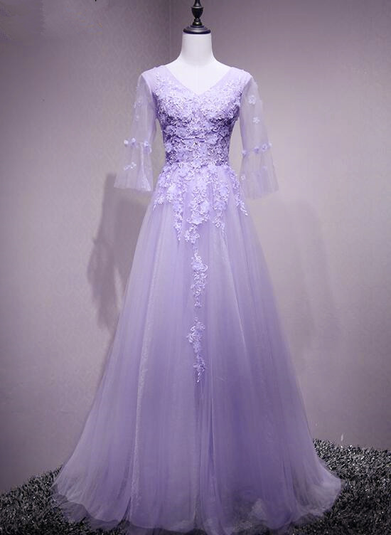 Purple Tulle Flower And Lace Short Sleeves Tulle Long Formal Dress,a ...