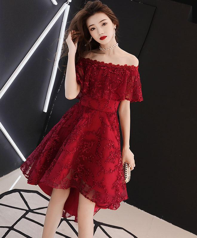 Dark Red Lace High Low Off Shoulder Wedding Party Dress, Lace Short