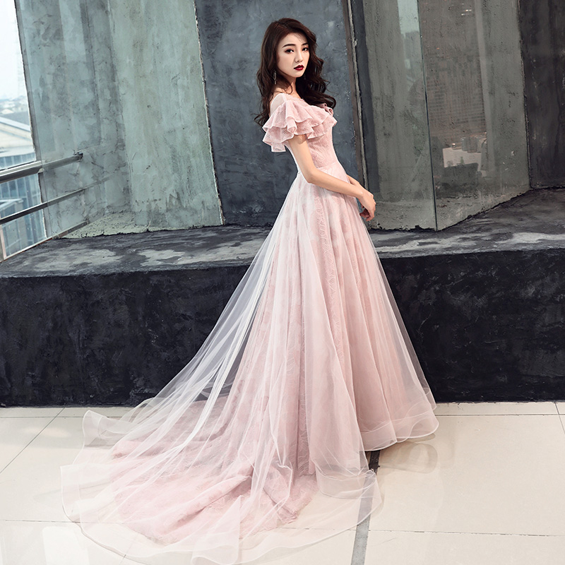 Pink Lace And Tulle Off Shoulder Long Evening Dress Prom Dress, Pink ...