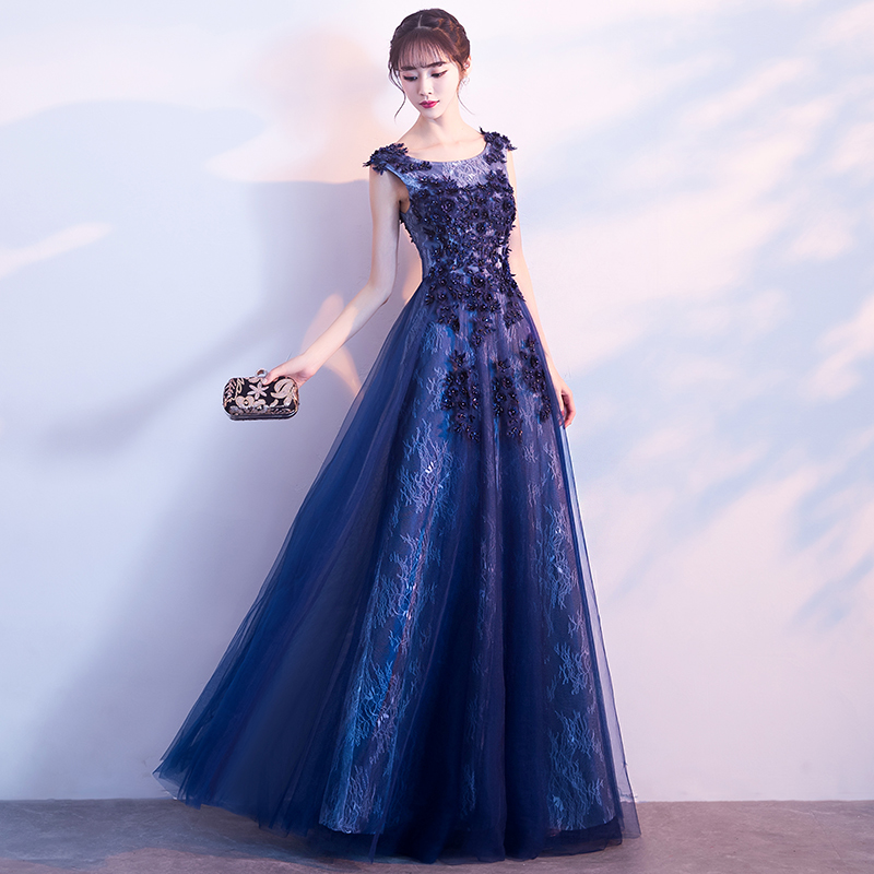 Navy Blue Tulle With Lace Round Neckline Long Evening Dress, Blue Tulle ...