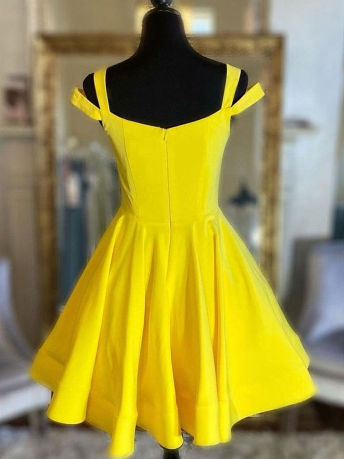 Yellow Shoulder Short Yellow Satin Prom Dresses, Short Yellow Satin Formal Dresses on