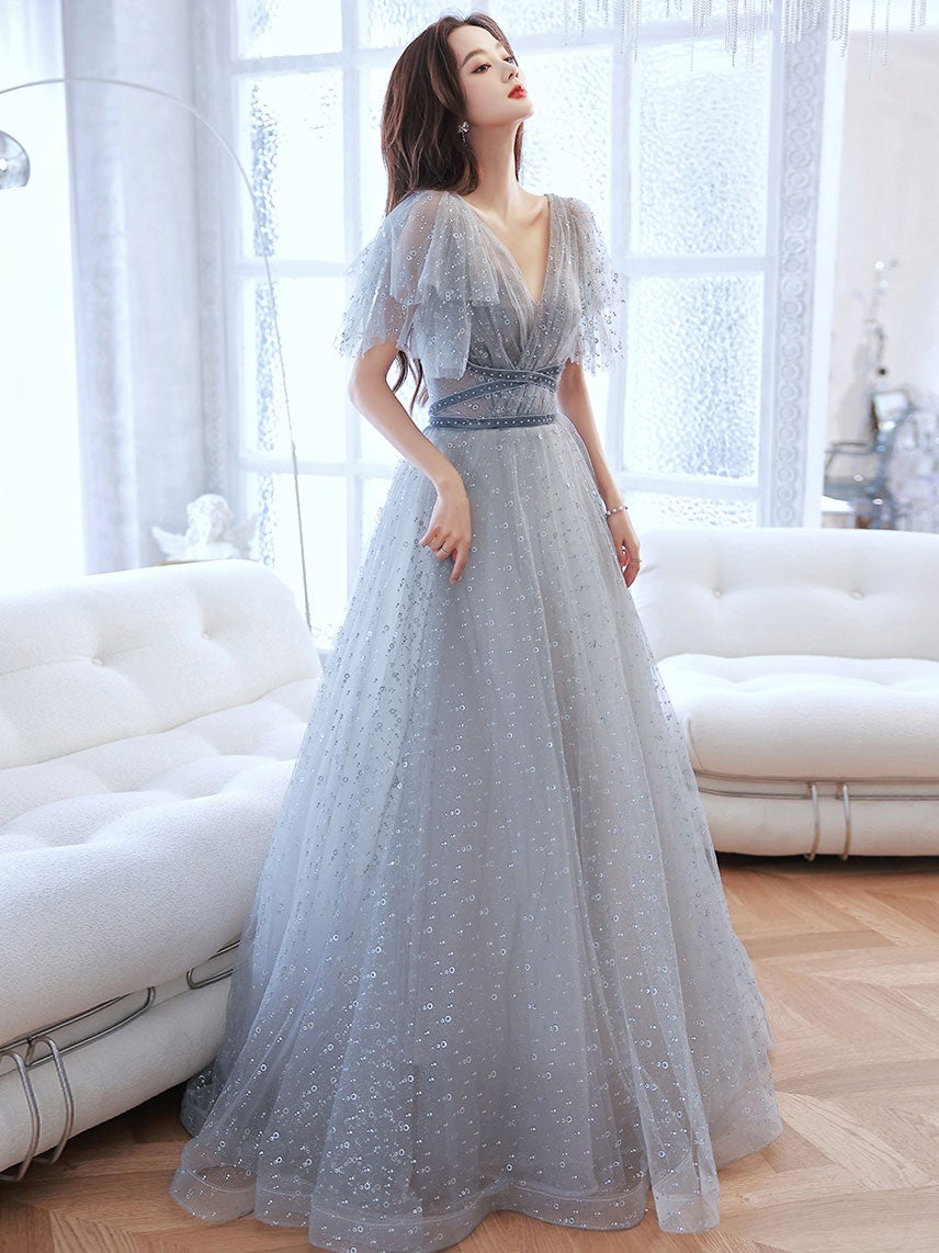 Elegant Grey V-neckline Shiny Tulle Puffy Sleeves Formal Dress, Floor ...