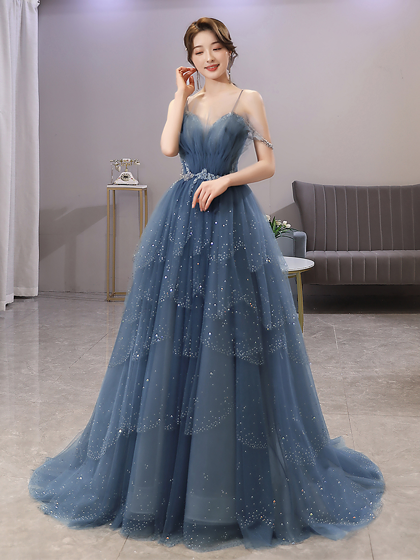 Glam Blue Tulle Long Shiny Layers Straps Evening Dresses Prom Dress ...