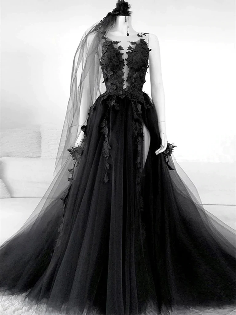 Black Floral Long Prom Dresses, Long Black Floral Formal Evening ...