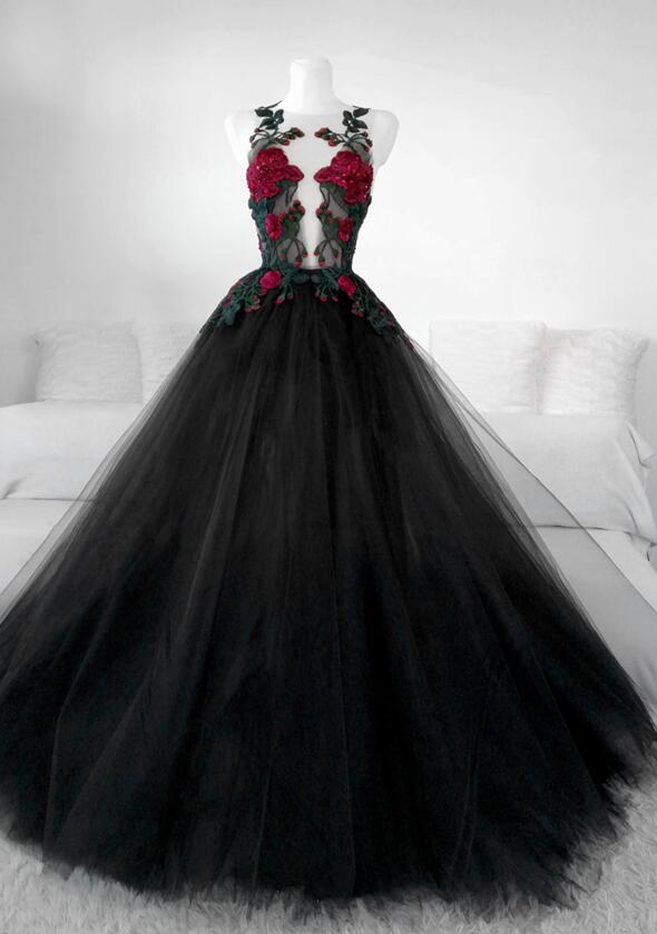 Beautiful Black Tulle With Lace Applique Long Formal Gown, Black Party ...