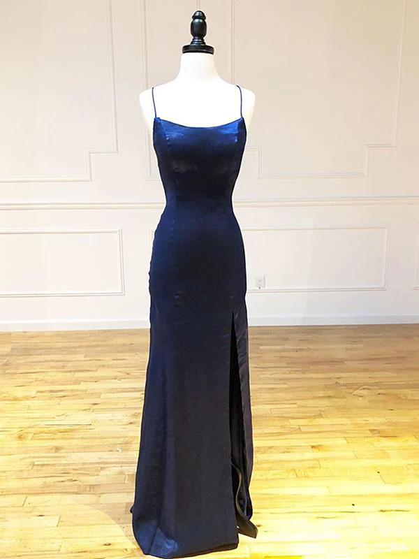 Navy Blue Straps Long Prom Party Dress, Cross Back Long Prom Dress With ...