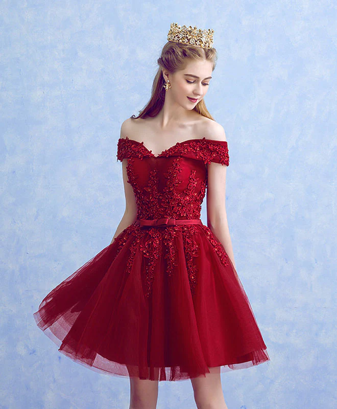 Lovely Tulle Wine Red Dress, Short Party Dress Prom Dresses
