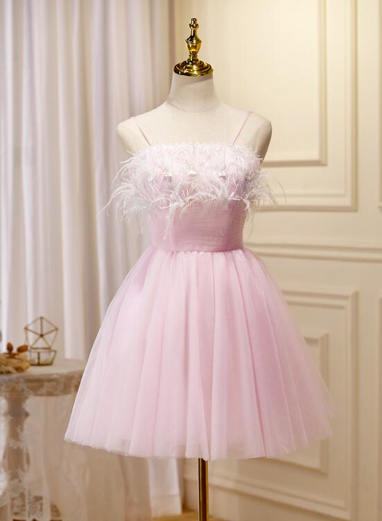 Cute Pink Tulle Short Sleeves Knee Length Homecoming Dress, Cute Pink Prom Dress main image 0