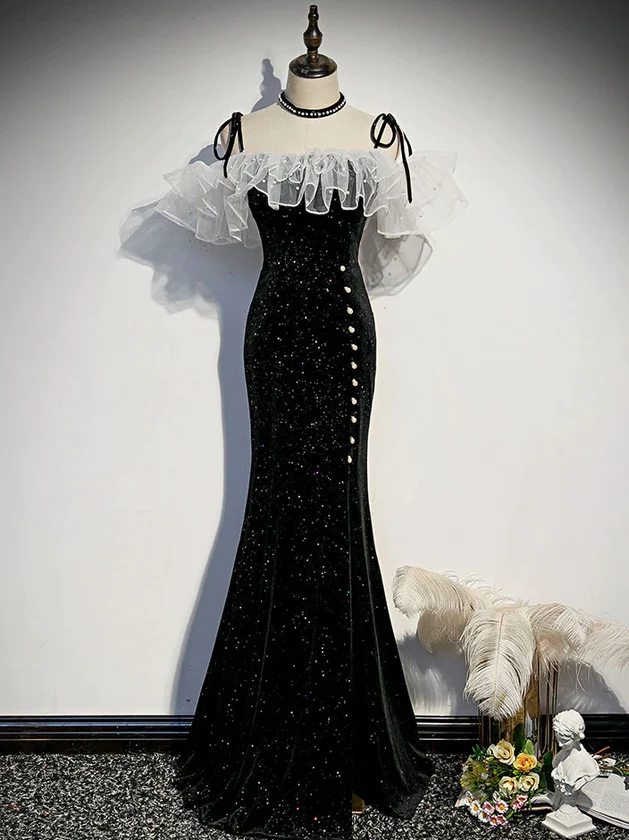 Black Off Shoulder Mermaid Long Party Dress, A-line Black Formal Dress ...