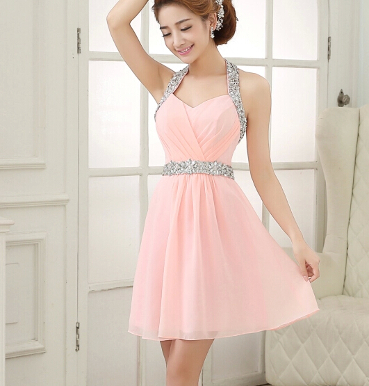 Princess Pink Halter Sleeveless Homecoming Dresses with 3D Flower Appliques