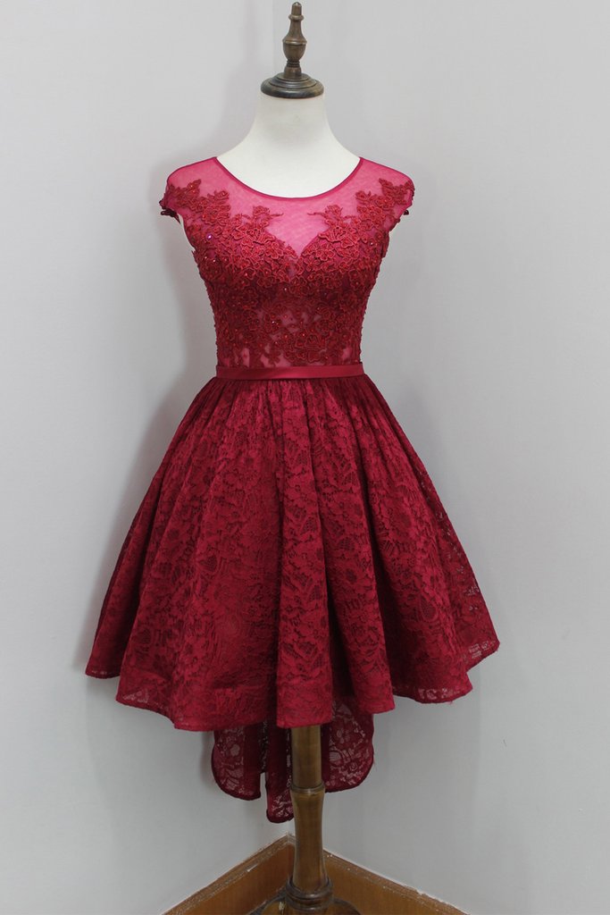 Lovely Wine Red Lace High Low Round Neckline Prom Dresses, Burgundy
